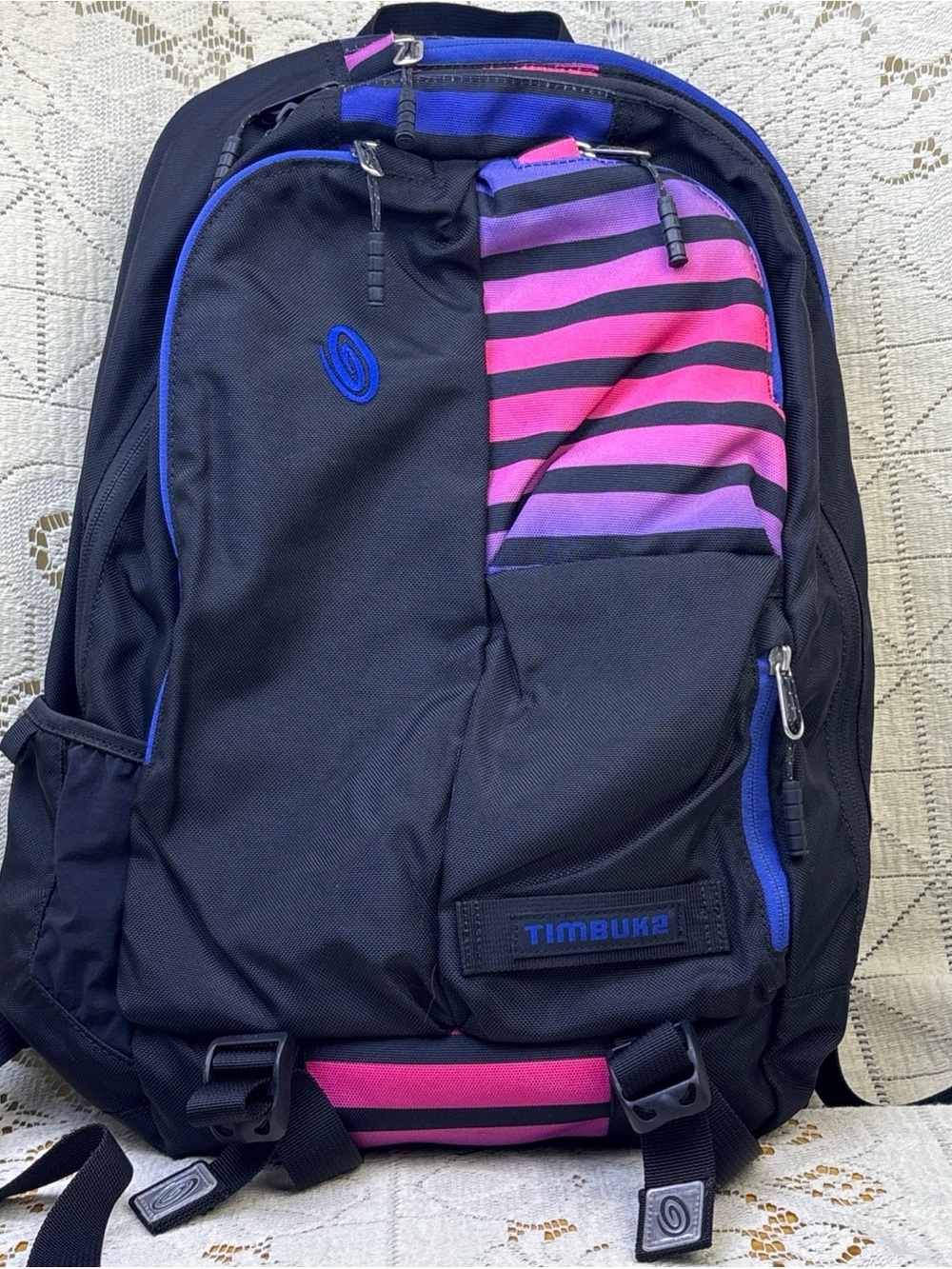 Timbuk2 Black Backpack with Pink and Purple Stripes